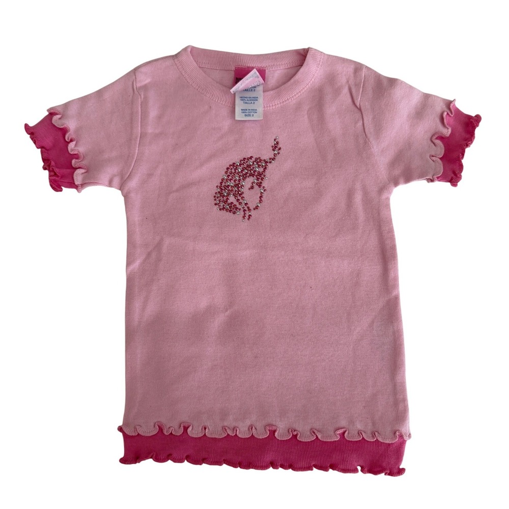 Cowgirl Hardware Girls Pink Rhinestone Flamingo Lettuce Trim Tee Size 2